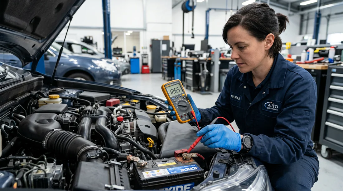 Technicien testant la tension d'une batterie de voiture avec un multimètre