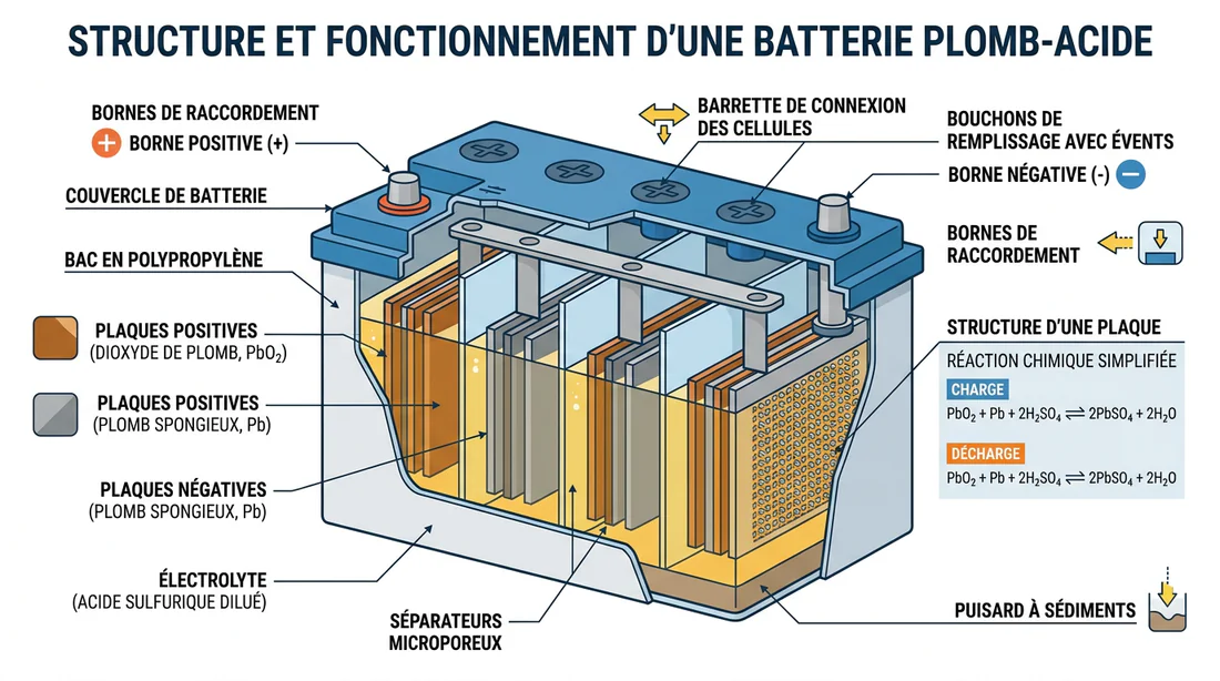 Schéma technique des composants internes d'une batterie auto