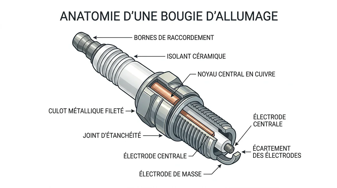Schéma technique des composants d'une bougie d'allumage