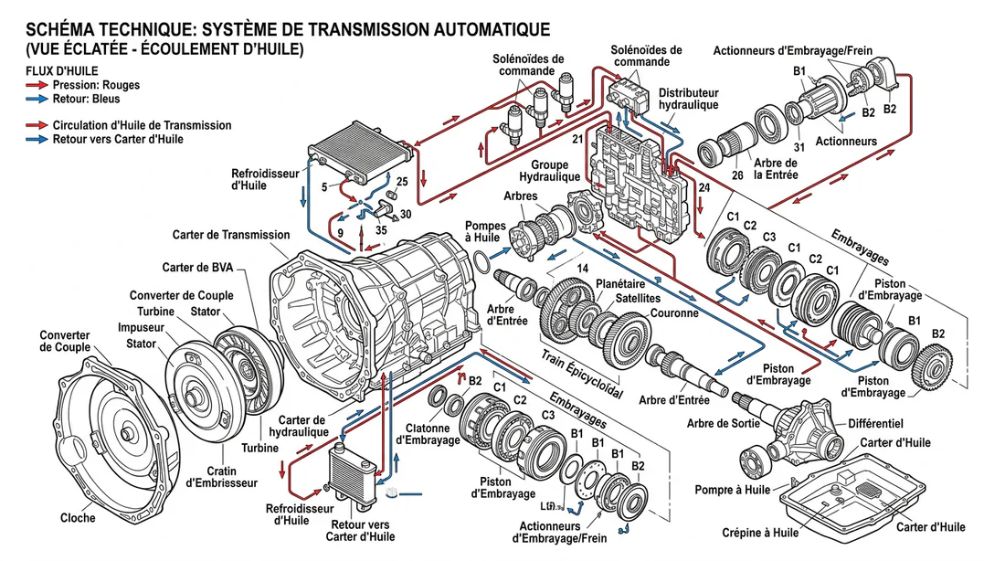 Schéma technique de fonctionnement d'une boîte de vitesses automatique