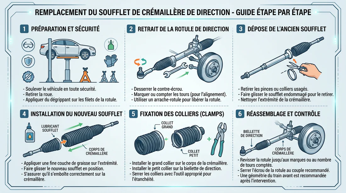 Schéma technique des étapes de remplacement d'un soufflet de crémaillère de direction.
