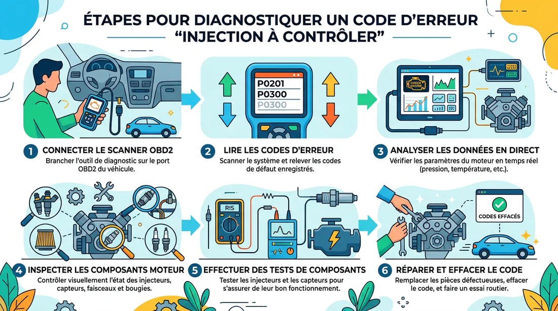 Infographie des étapes de diagnostic pour erreur injection