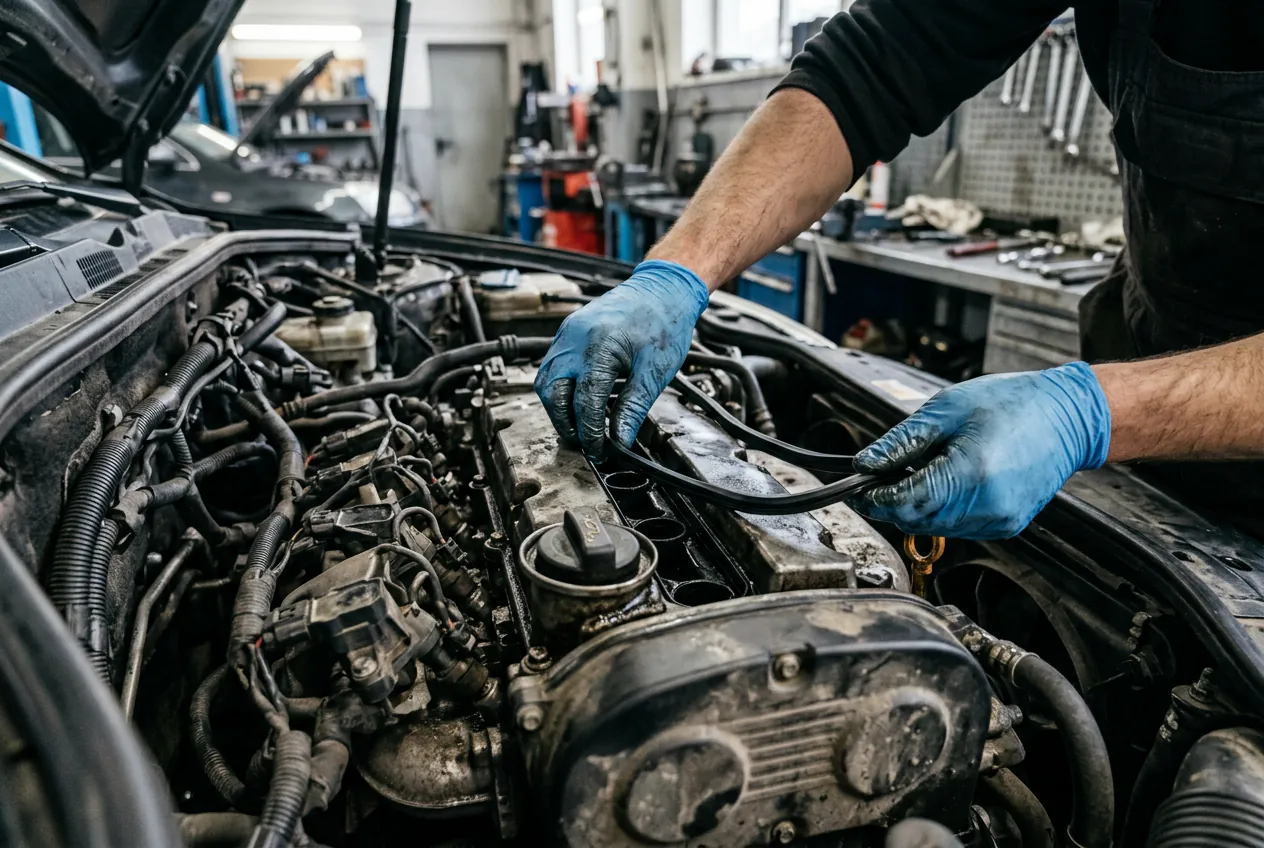 Remplacement du joint de cache-culbuteur sur un moteur de voiture pour stopper une fuite d'huile.