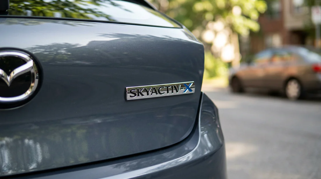 Badge arrière Skyactiv-X sur une Mazda 3