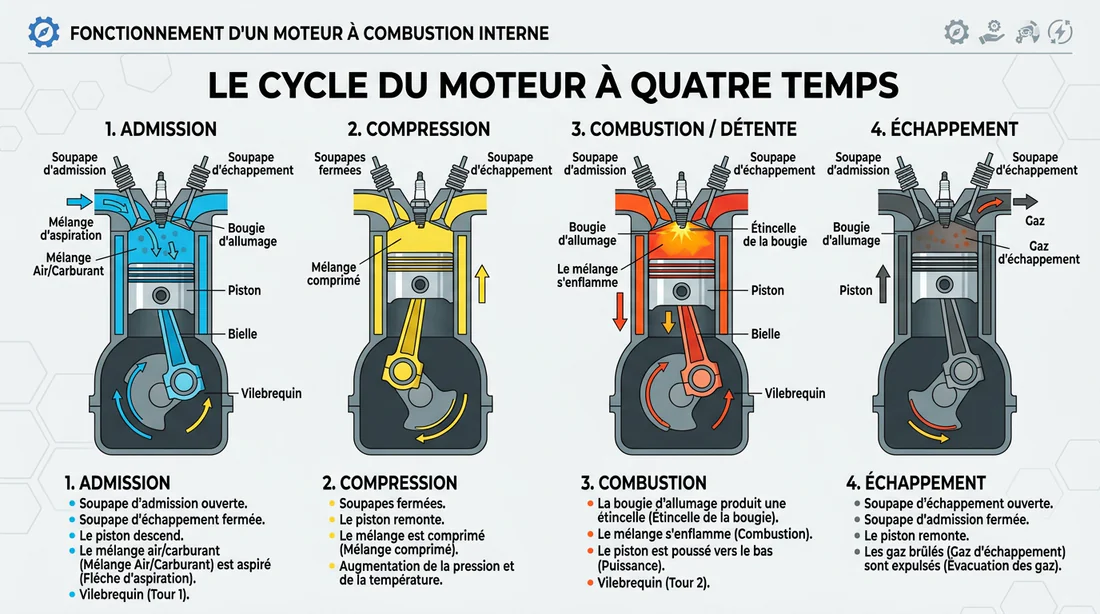 Schéma explicatif du fonctionnement d'un moteur à combustion