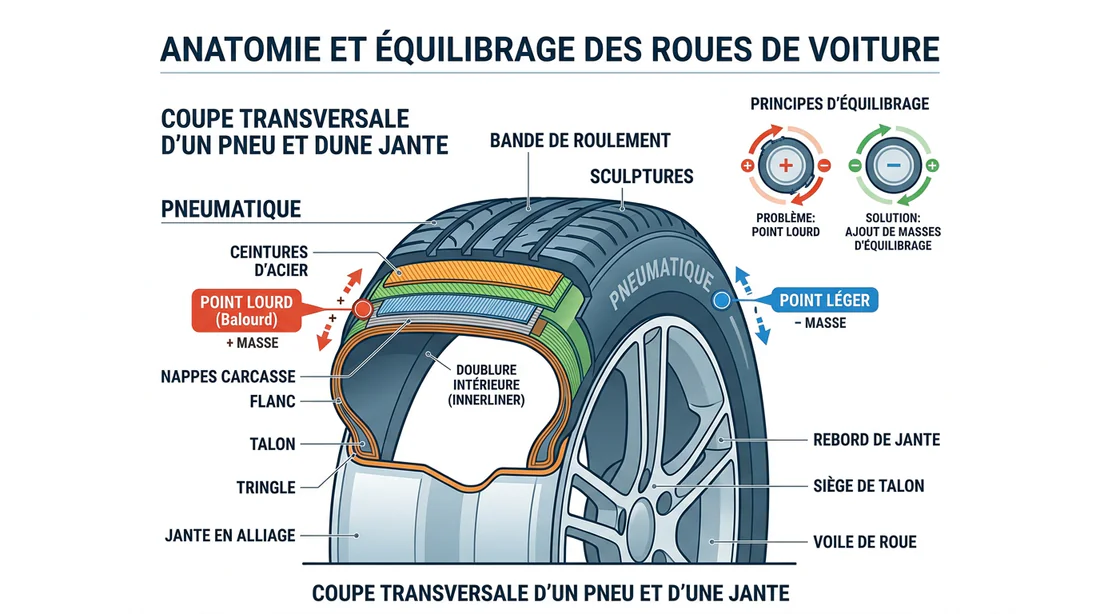 Infographie technique expliquant l'équilibrage des pneus