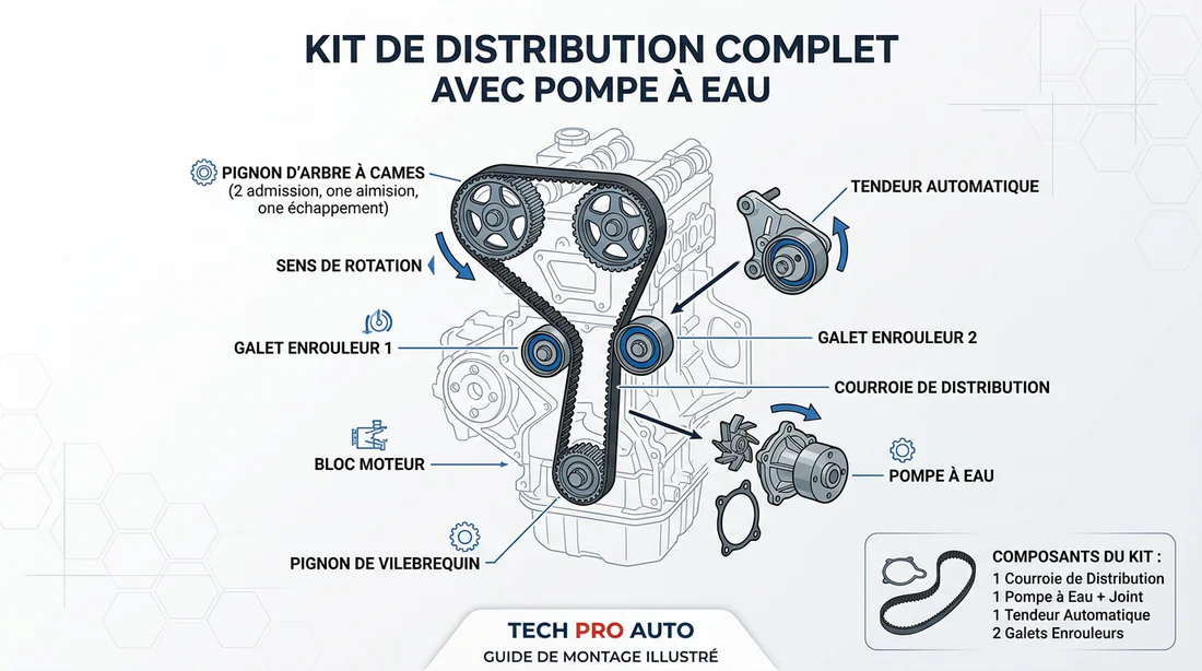 Schéma explicatif des éléments du kit de distribution pour Audi Q3.