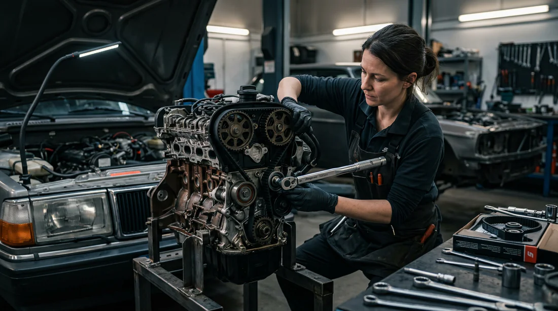 Installation d'un kit de distribution sur moteur Audi par un mécanicien.