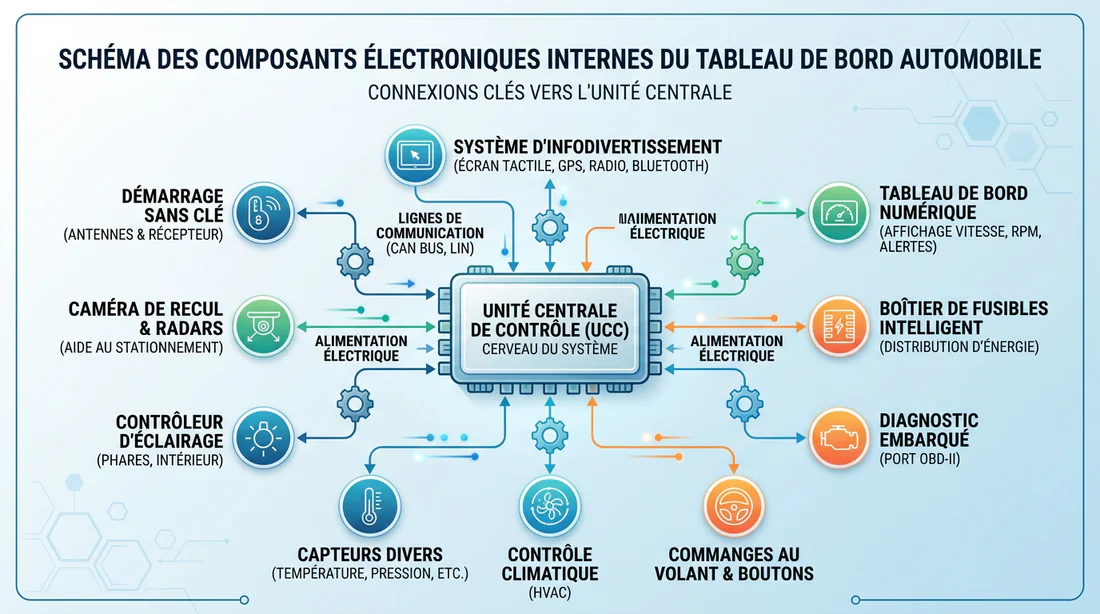 Schéma technique des composants électroniques du tableau de bord Peugeot