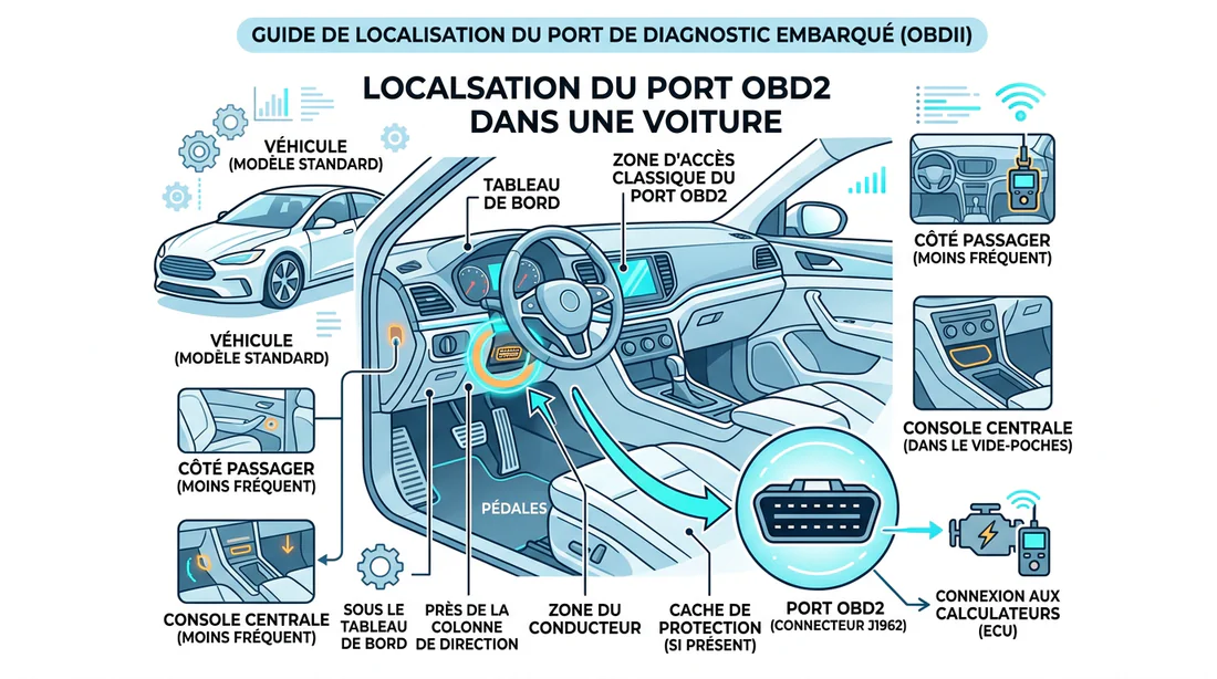 Schéma explicatif de l'emplacement de la prise OBD2