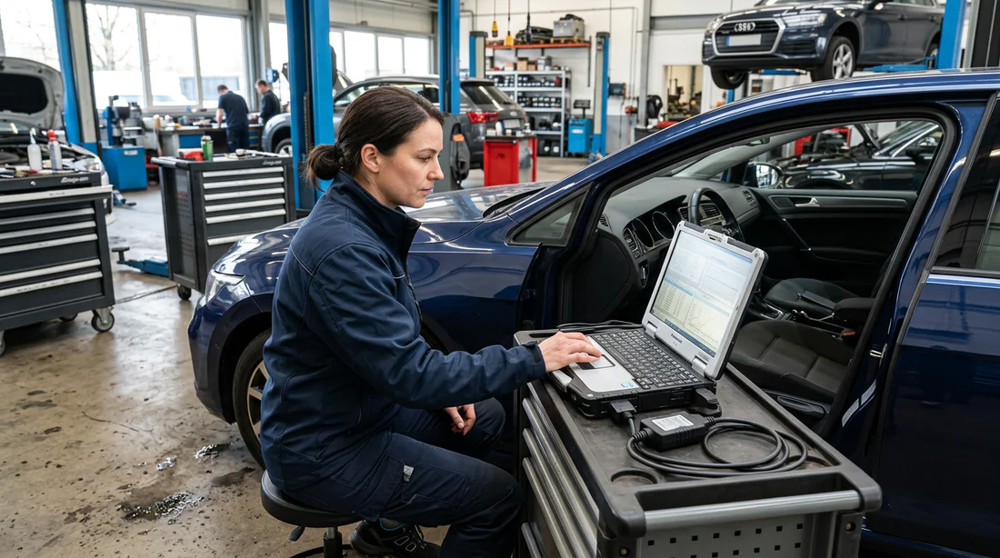 Technicien utilisant un outil de diagnostic automobile