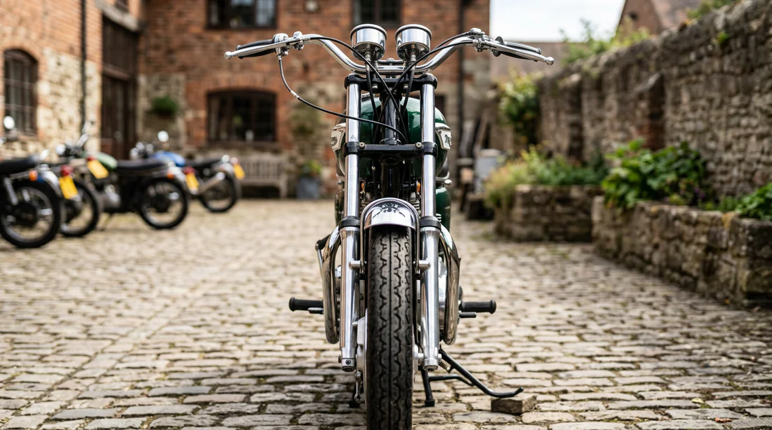 Vue d'une fourche télescopique classique sur moto rétro