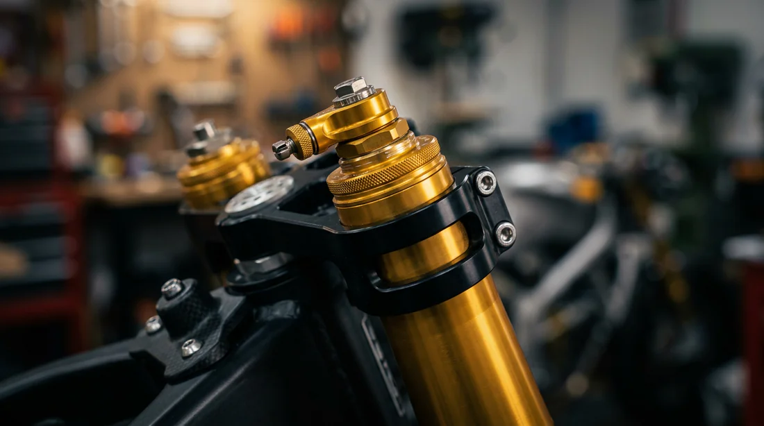 Détails techniques d'une fourche inversée de moto