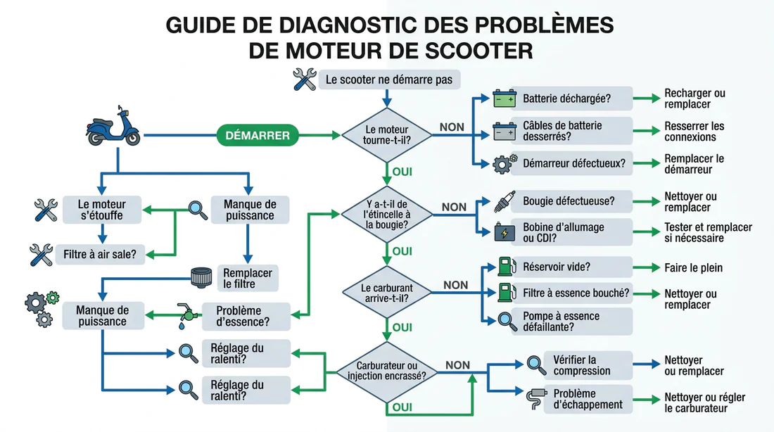 Infographie des étapes de diagnostic moteur pour Kymco