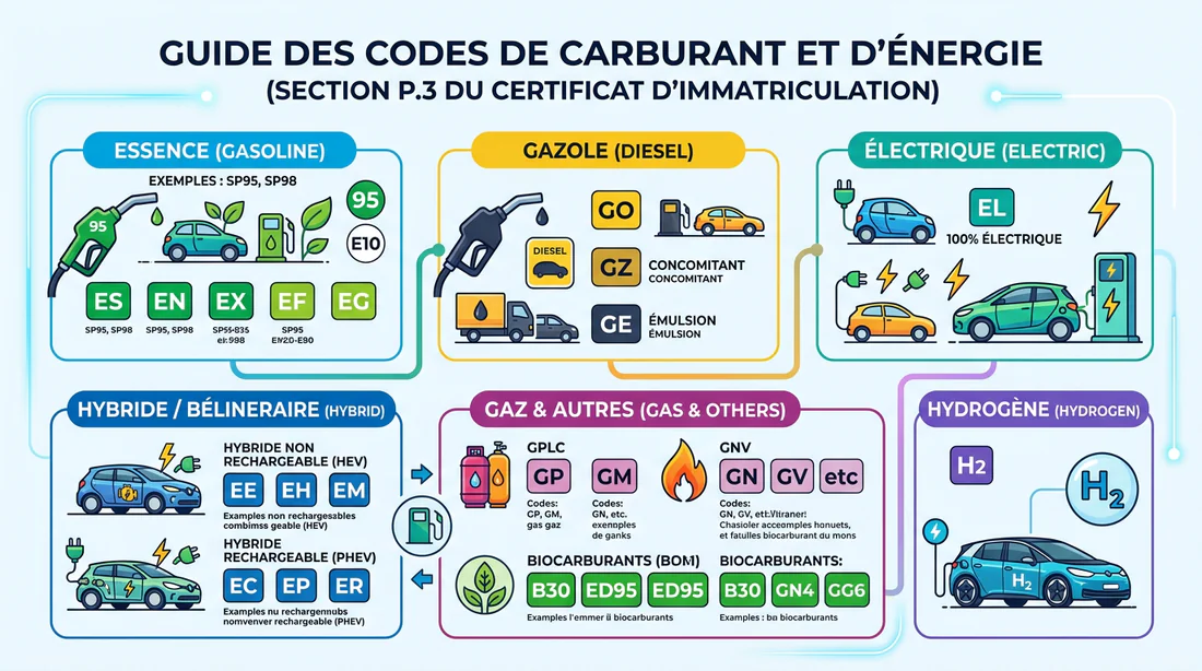 Infographie synthétique expliquant les différents codes carburant de la case P.3 de la carte grise.