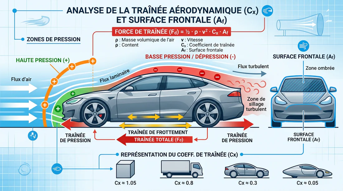 Schéma explicatif du coefficient de traînée Cx et de la résistance de l'air