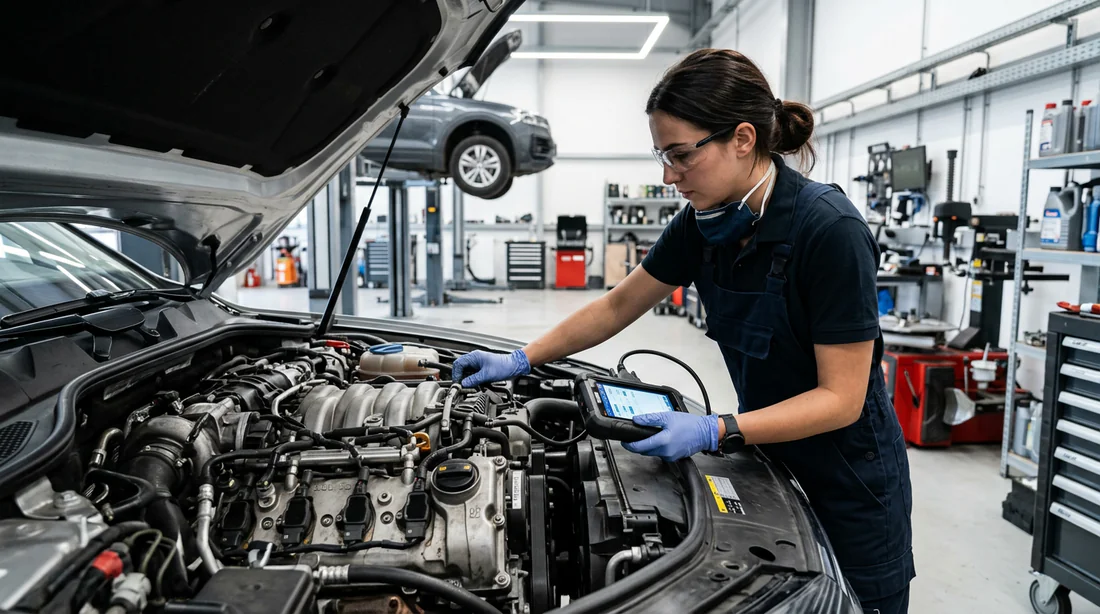 Mécanicien effectuant l'entretien et le diagnostic d'un moteur V6 VM Motori