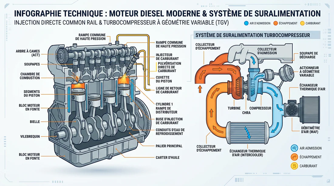 Schéma technique infographique du système d'injection directe du moteur VM Motori