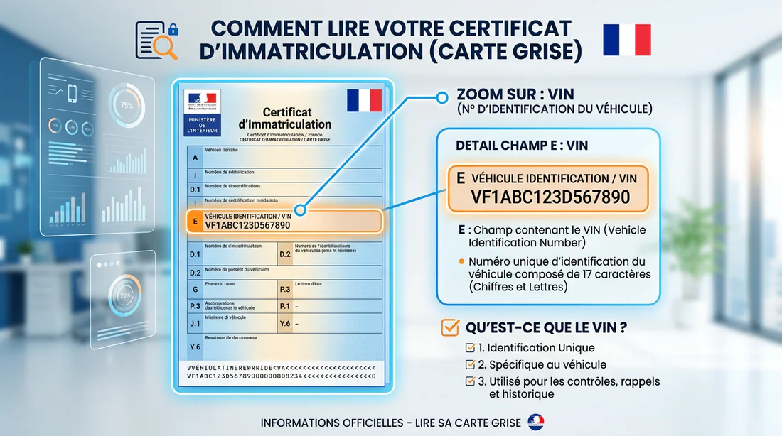Infographie explicative montrant où trouver le numéro VIN à la case E de la carte grise