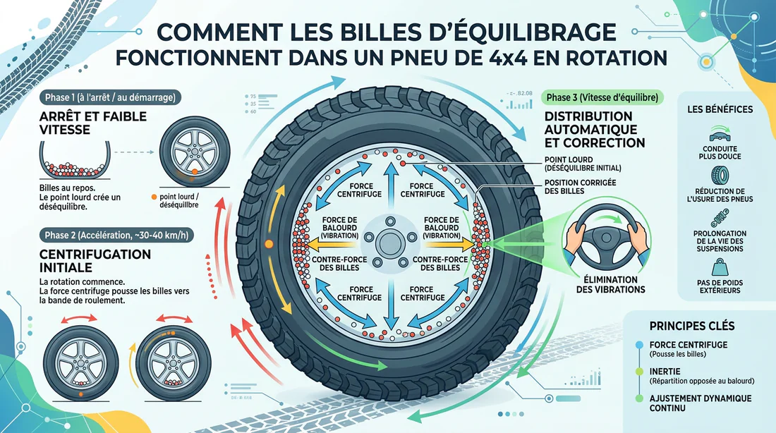 Schéma explicatif du fonctionnement des billes d'équilibrage à l'intérieur d'un pneu en rotation.