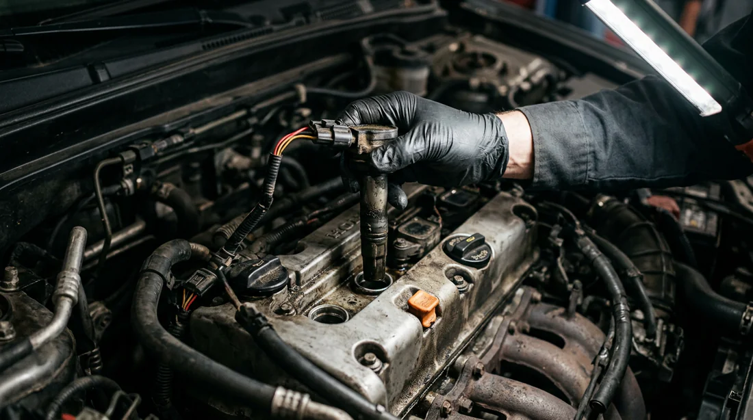 Démontage étape par étape d'une bobine crayon usagée sur le moteur