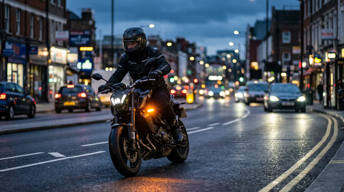 Motard en circulation en ville avec clignotant allumé