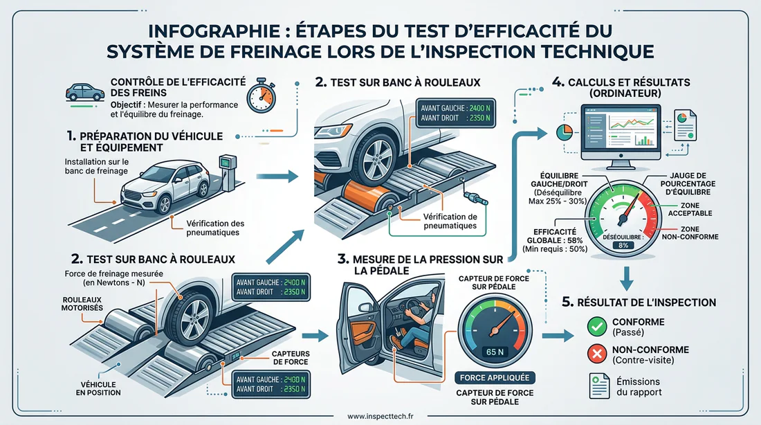 Infographie présentant les étapes et mesures d'efficacité du freinage au contrôle technique