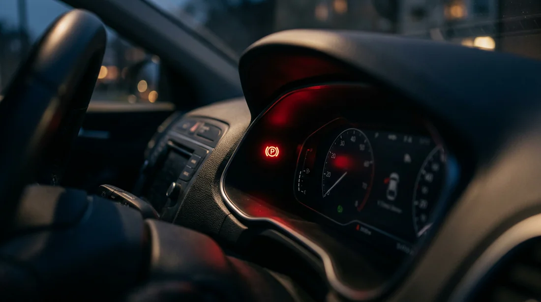 Voyant rouge de frein à main allumé sur le tableau de bord d'une voiture