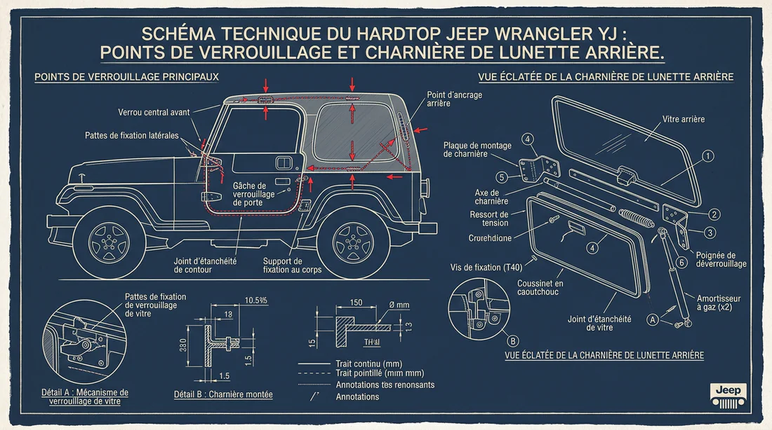 Schéma technique des points de fixation et loquets d'un hard top de Jeep YJ