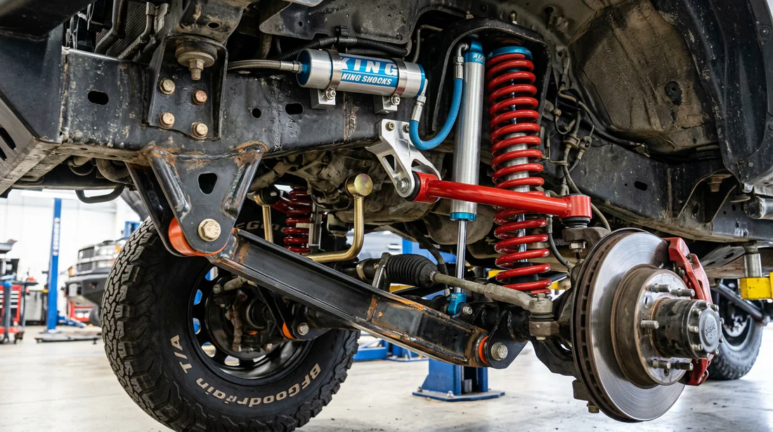 Détail d'un kit de suspension rehaussée avec ressorts et amortisseurs renforcés pour 4x4