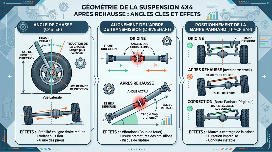 Schéma explicatif de la géométrie de suspension et de direction après rehausse