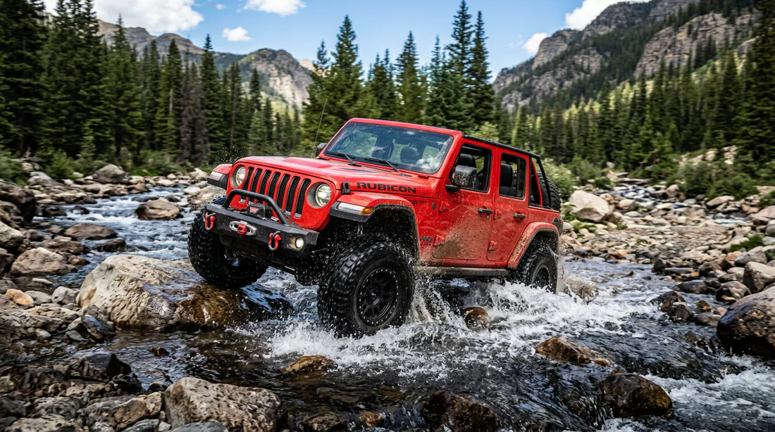 Jeep Wrangler JL Rubicon rehaussé en franchissement dans un cours d'eau rocheux