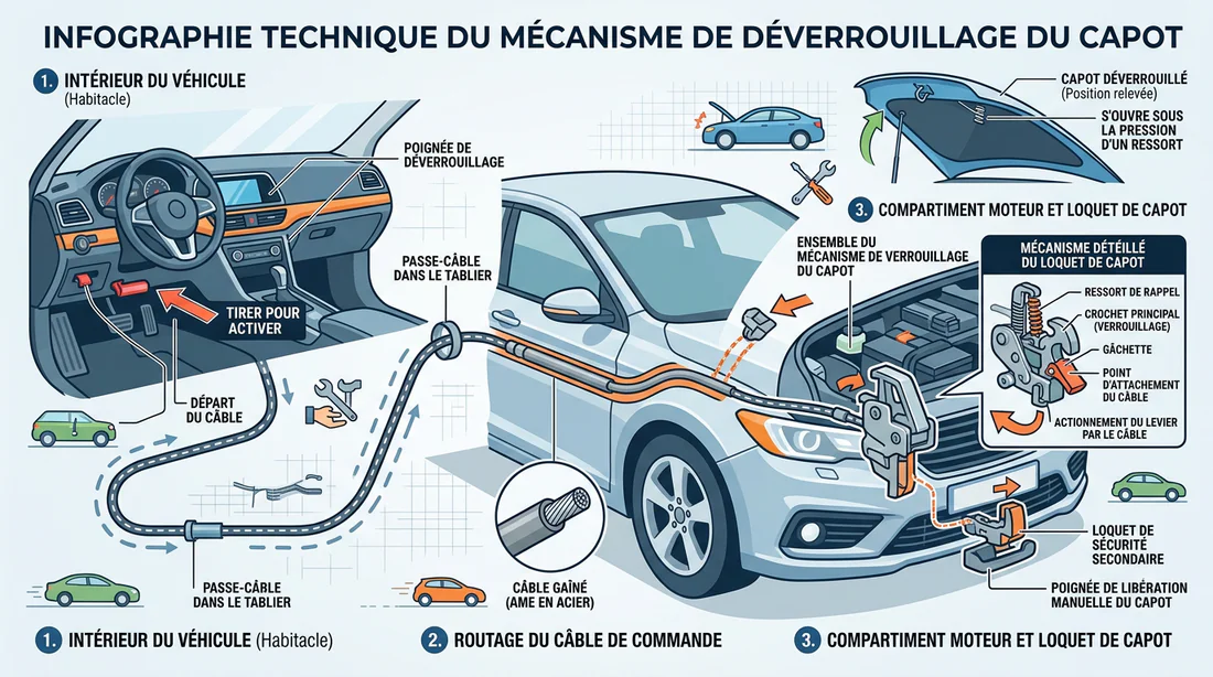 Schéma technique du câble et du mécanisme d'ouverture du capot