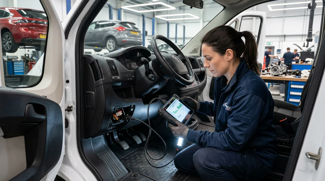 Mechanicien utilisant une valise de diagnostic OBD2 sur une Fiat Ducato.