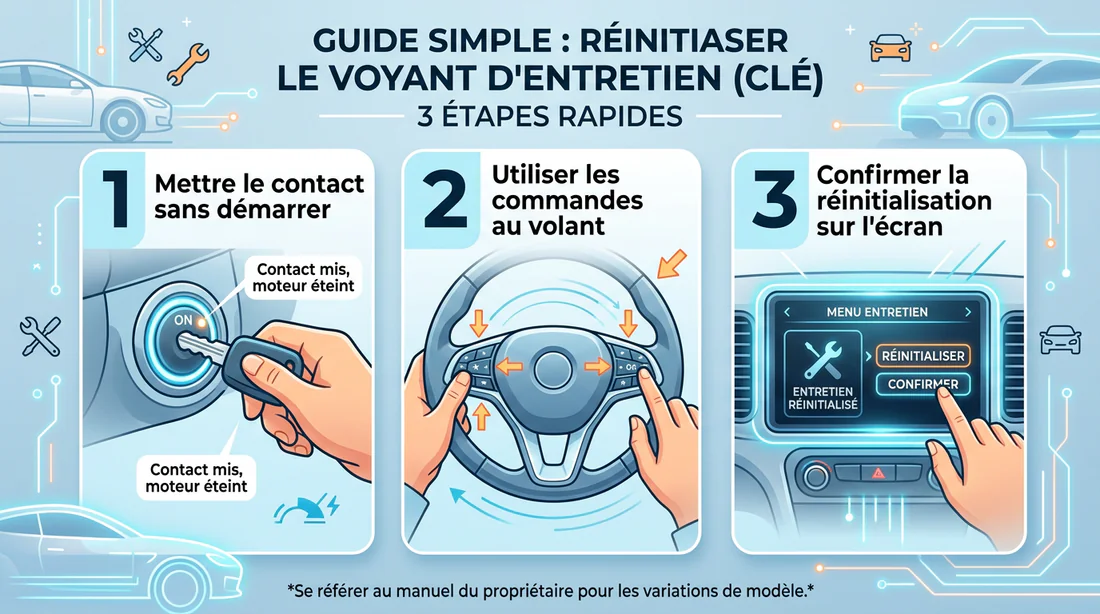 Infographie expliquant les étapes de réinitialisation du voyant d'entretien.