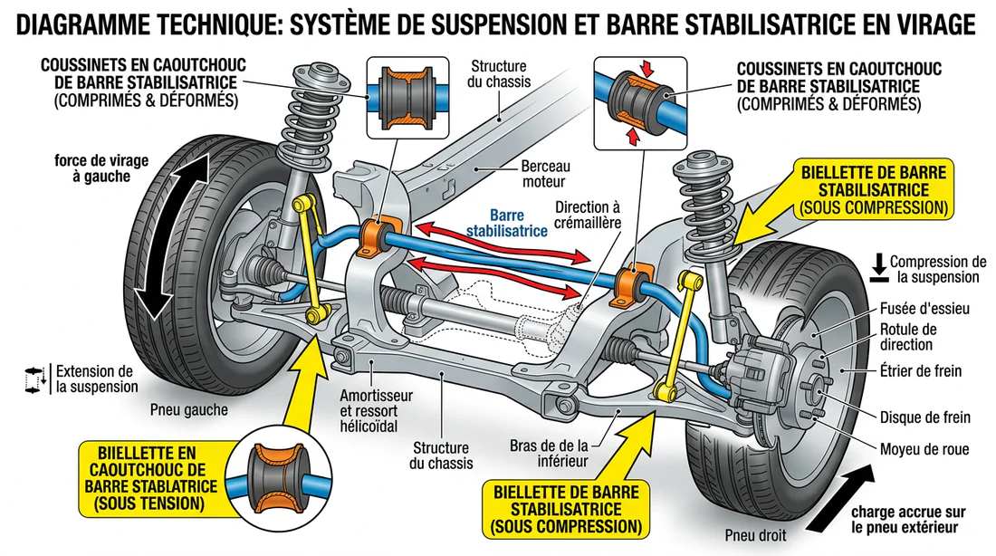 Schéma technique du fonctionnement d'une barre stabilisatrice et des biellettes