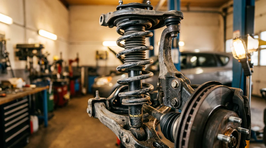Gros plan sur un combiné ressort-amortisseur de suspension automobile