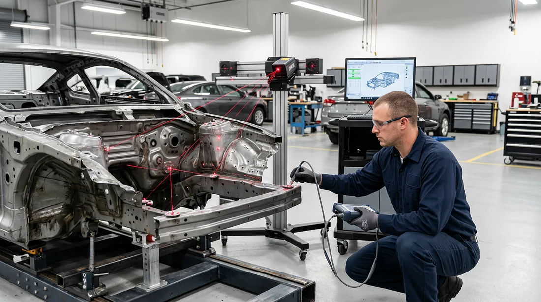 Technicien effectuant le contrôle tridimensionnel d'un châssis automobile
