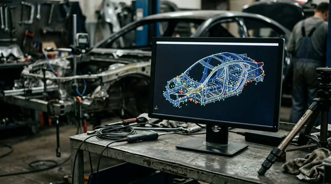 Écran de diagnostic affichant la géométrie 3D du châssis après redressement