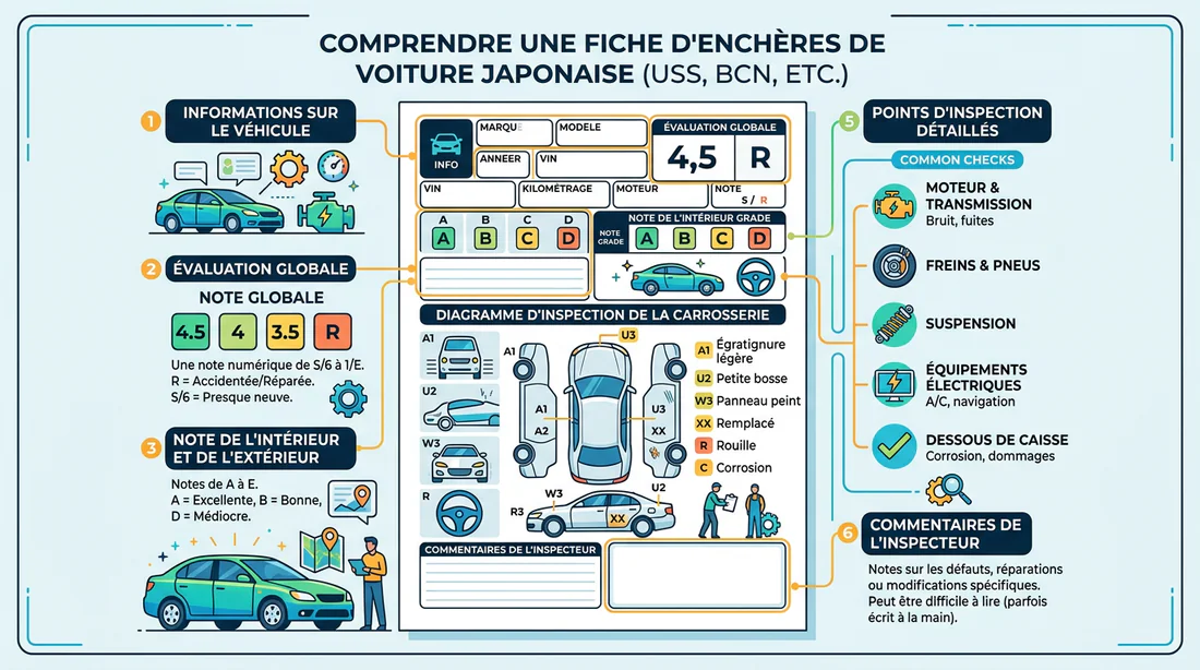 Infographie explicative de la fiche d'inspection d'une enchère auto au Japon
