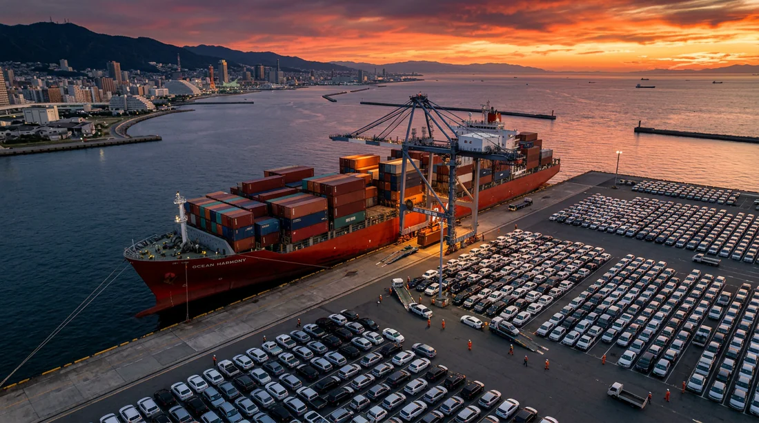 Navire cargo préparé pour l'exportation maritime de voitures japonaises
