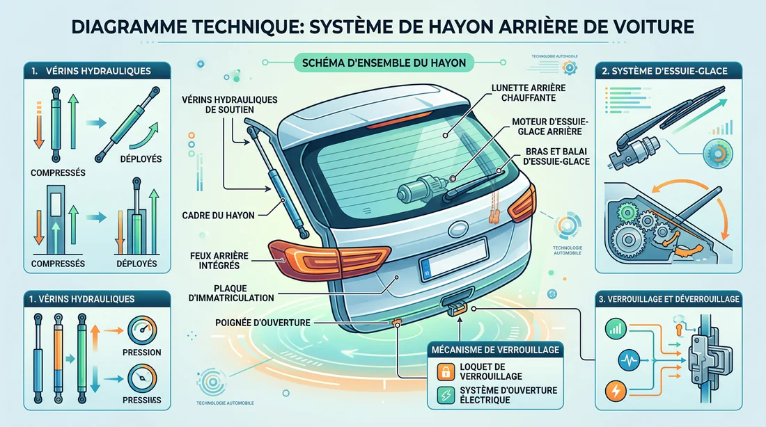 Schéma détaillé des éléments d'un hayon automobile