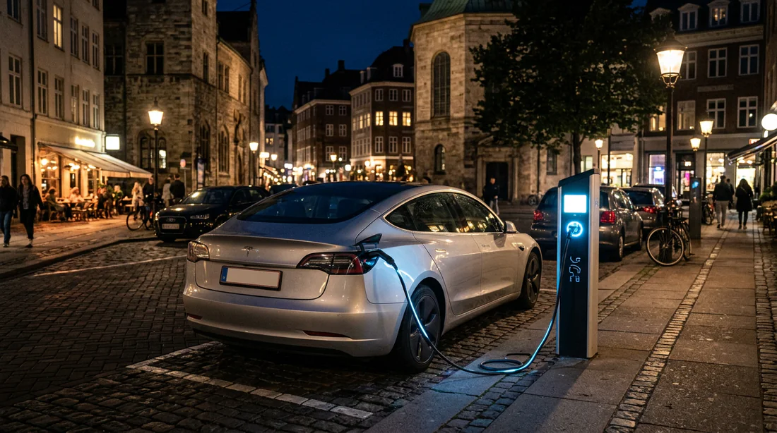 Voiture électrique branchée sur une borne de recharge publique en ville.