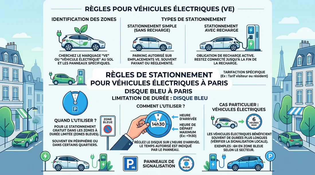 Infographie explicative des règles du stationnement gratuit VBE à Paris.