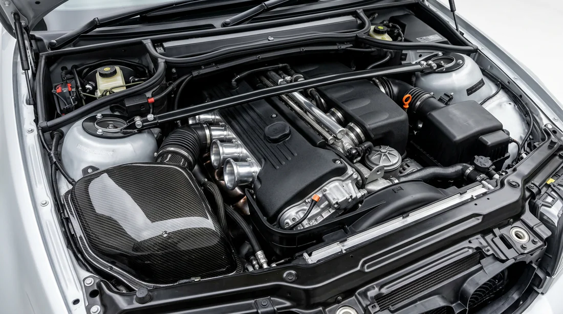Moteur 6 cylindres en ligne S54 sous le capot d une BMW M3 E46