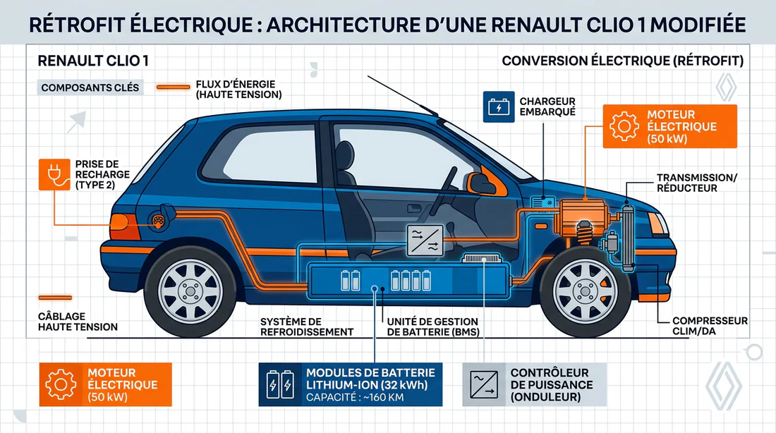 Infographie du schéma technique de conversion électrique d'une Clio 1