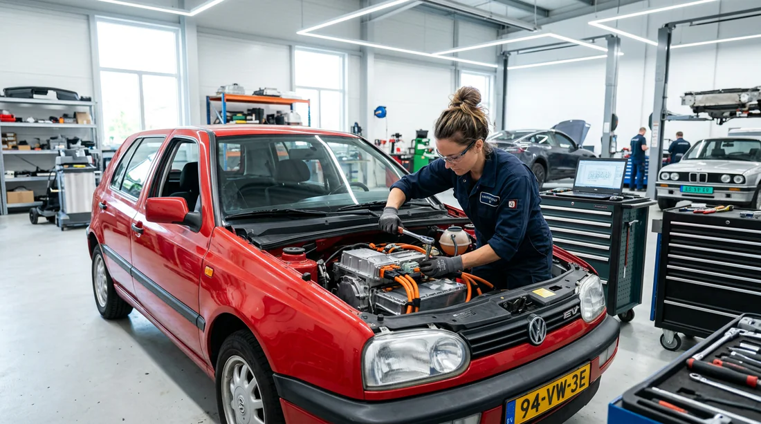 Mécanicien installant un kit de conversion électrique rétrofit sur une Clio 1