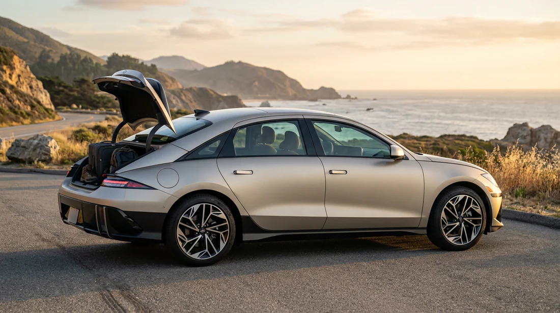 Vue profil arrière Hyundai Ioniq 6 coffre ouvert en extérieur