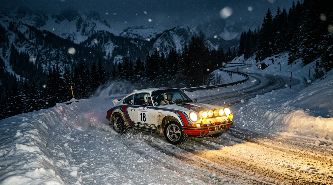 Porsche 911 classique traversant une route de montagne enneigée de nuit.