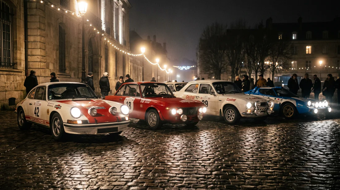 Voitures de collection mythiques alignées au parc fermé à Reims.
